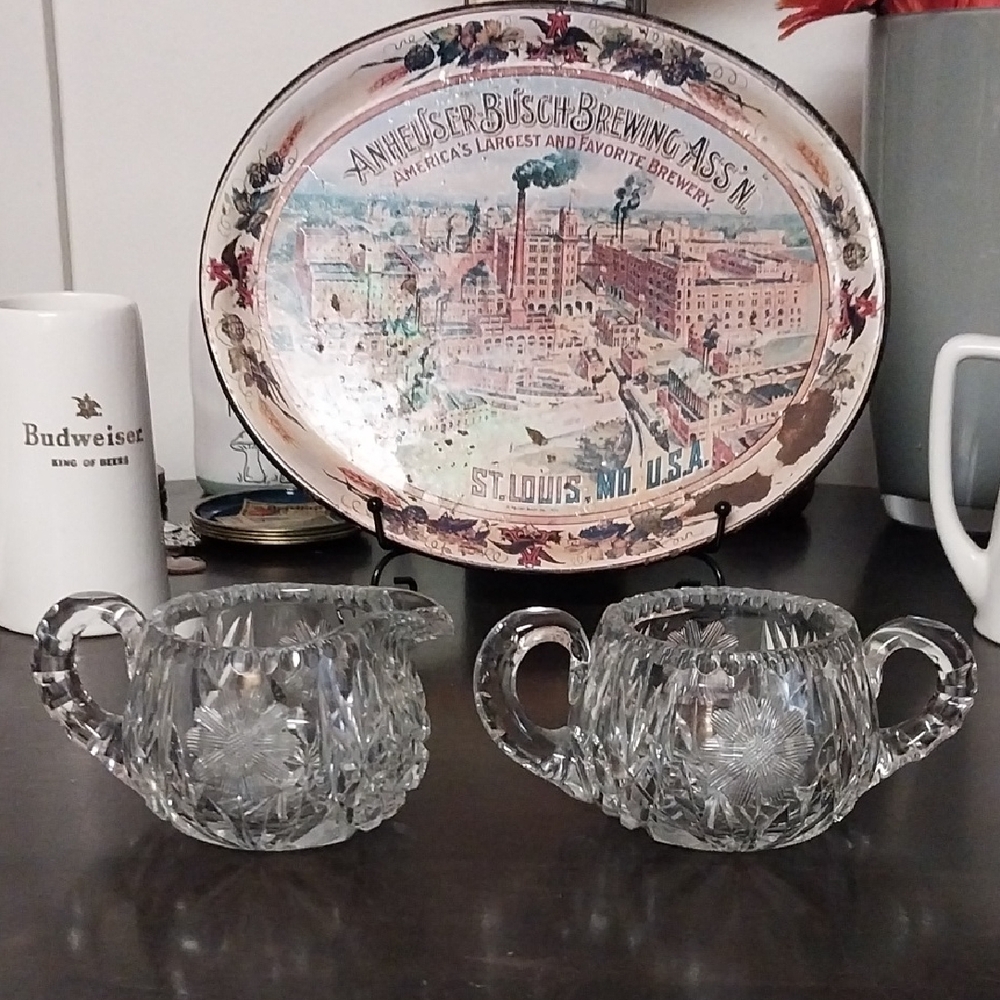 Vintage-American Brilliant Cut Glass Sugar and Creamer Set with Starburst- Clear